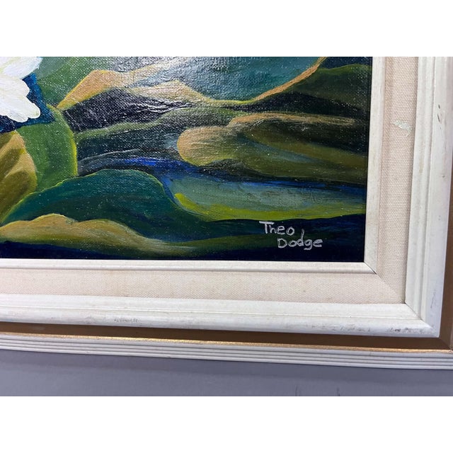 1980s Theo Dodge Signed Painting, Green (Blue) Heron, Water Lilies and Dragonfly For Sale - Image 5 of 11