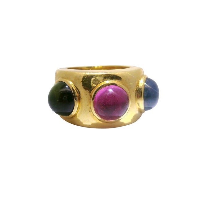 Early 21st Century Dominique Aurentis Tourmaline Sapphire 22k Yellow Gold Trinity Ring, French, Size 6.5 For Sale - Image 5 of 8