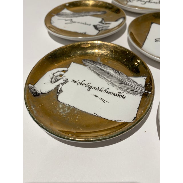 Gold Set of Seven Vintage Italian Gilt Porcelain “Autografi” Coasters by Piero Fornasetti For Sale - Image 8 of 12