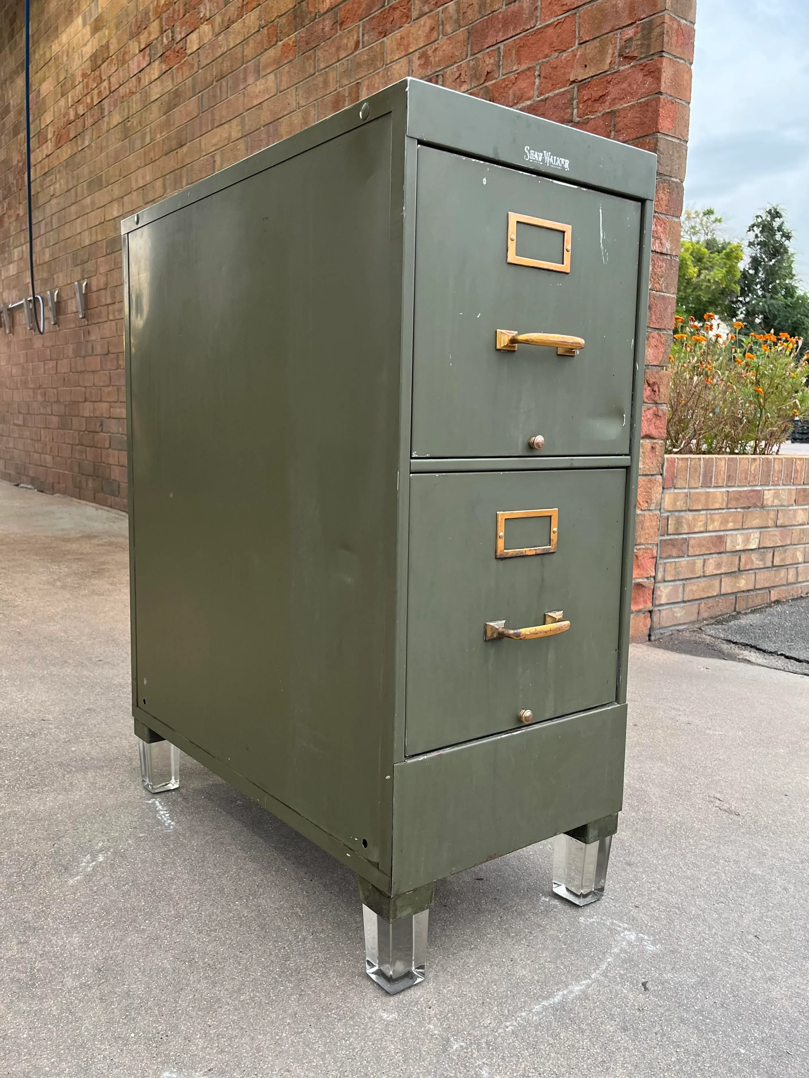 1940s Shaw Walker File Cabinet Having Brass Pulls & Lucite Feet
