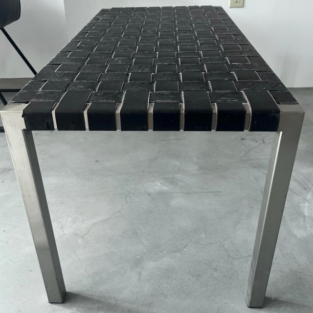 Modern Stainless Steel and Woven Leather Bench For Sale - Image 3 of 4