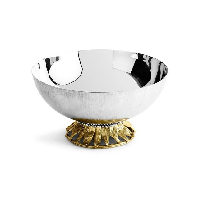 Set of 2 silver sunflower serving bowl in metal with sculptural base, designed as a decorative and functional table piece....