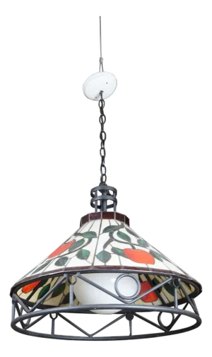 Tiffany Style Iron & Leaded Stained Glass Apple Vine Motif Pendant Light Lamp