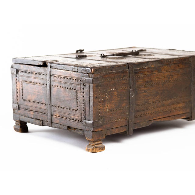 Early 20th Century Indian Carved Wood & Wrought Iron Storage Chest Box