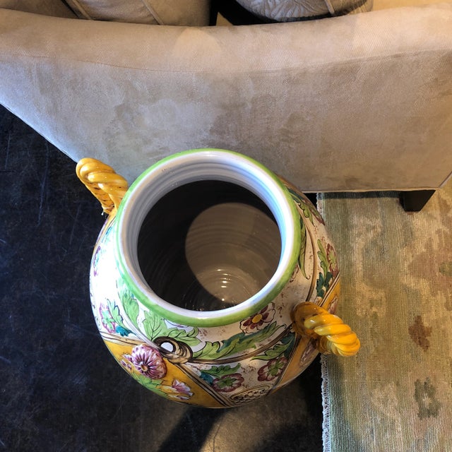 Italian 1990s Italian Yellow and Green Hand Painted Ceramic Urn For Sale - Image 3 of 13