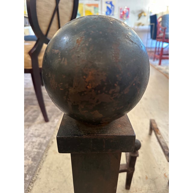 Traditional Huge Antique Iron Cannonball Andirons -a Pair For Sale - Image 3 of 8