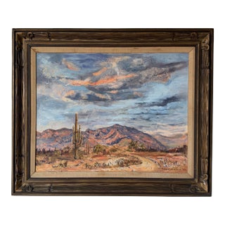 1970’s Carolyn Kiser “Tucson, Arizona” Impressionist Desert Landscape Oil on Canvas Painting – Wood Framed For Sale