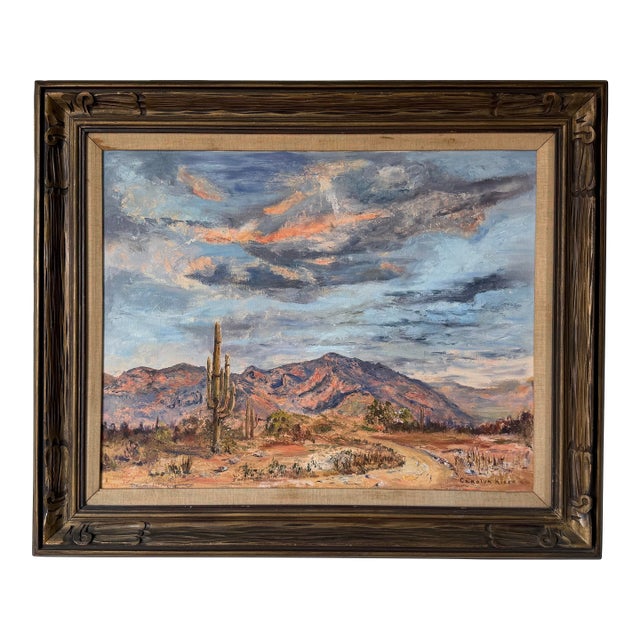 1970’s Carolyn Kiser “Tucson, Arizona” Impressionist Desert Landscape Oil on Canvas Painting – Wood Framed For Sale