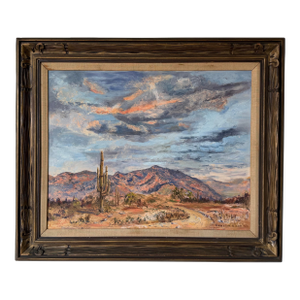 1970’s Carolyn Kiser “Tucson, Arizona” Impressionist Desert Landscape Oil on Canvas Painting – Wood Framed
