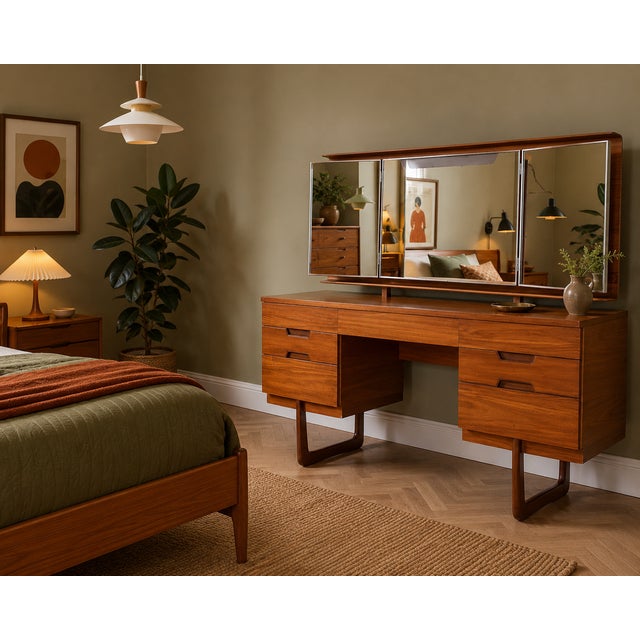A mid-century teak dressing table from the sought-after "Q" range, designed by Gunther Hoffstead for Uniflex circa 1960....