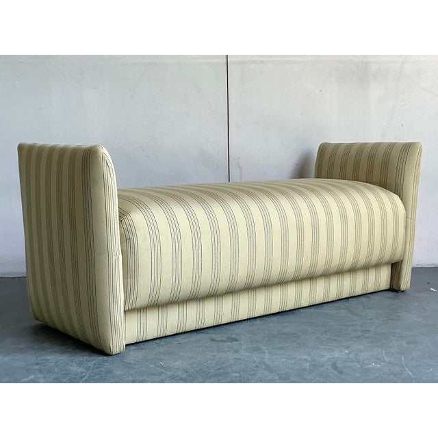 Farmhouse Vintage Boho Ticking Stripe Upholstered Bench For Sale - Image 3 of 12