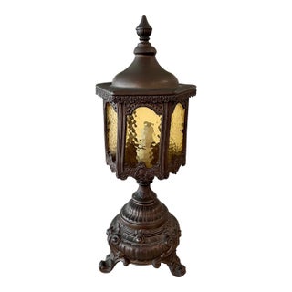 Antique Gothic Style Arts & Crafts Amber Slag Glass & Bronze Metal Torch Style Table Lamp For Sale