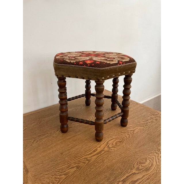 Mid-Century Modern Vintage Mid-Century Walnut Footstool With Geometric Needlepoint Tapestry For Sale - Image 3 of 11