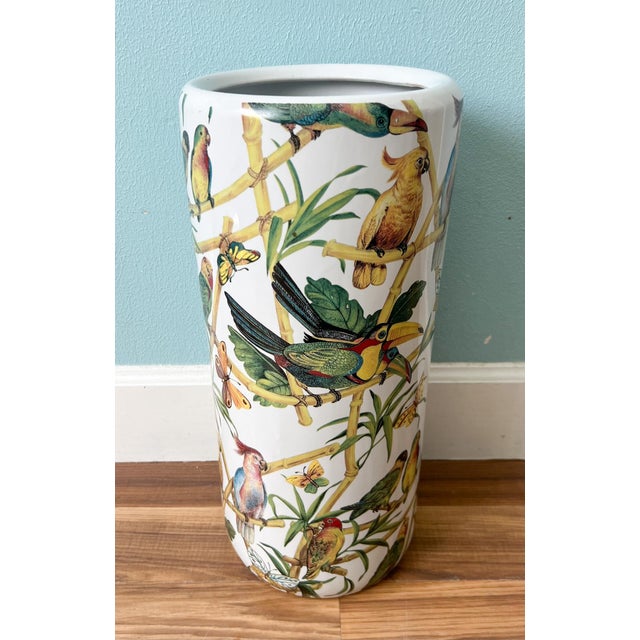 Vintage Tropical Birds & Butterflies Ceramic Umbrella Stand – Hollywood Regency / Chinoiserie For Sale - Image 9 of 14