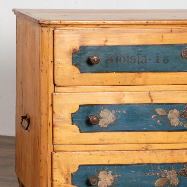 Wood 19th Century Pine 3-Drawer Chest With Original Painted Decoration, Dated 1873 For Sale - Image 7 of 16