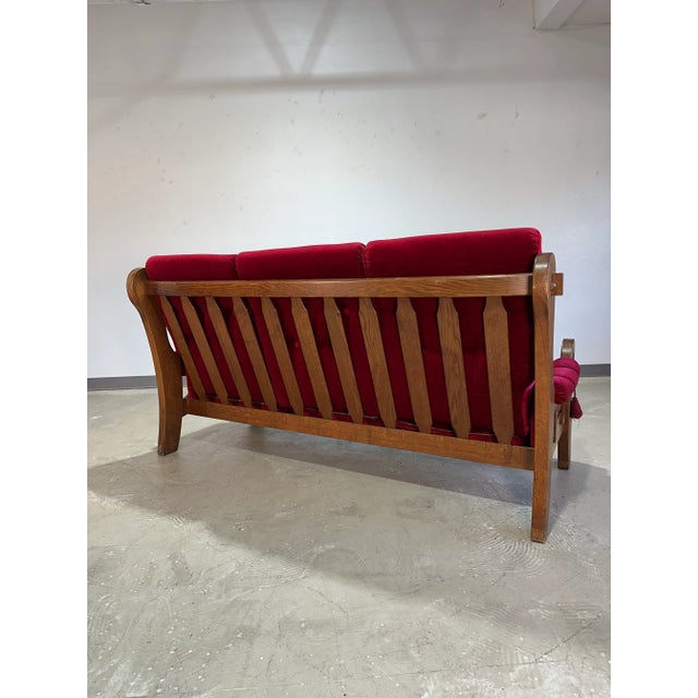 1970’s Vintage French Brutalist Oak and Red Velvet Sofa For Sale In Tampa - Image 6 of 12