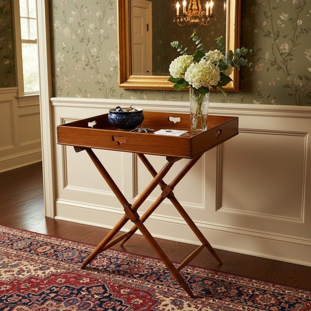 American Antique Butler's Tray Table-Chestnut Wood-Dovetail-Original Stand-Folding-Serve For Sale - Image 3 of 16