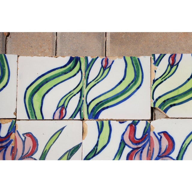1900s Antique Portuguese Art Nouveau Assembled Group of 15 Tiles With Stylized Iris Motif For Sale - Image 6 of 14