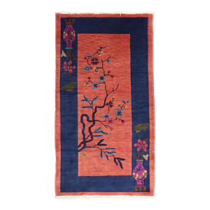 Vintage Chinese Art Deco Rug | Small Salmon & Navy Floral Rug