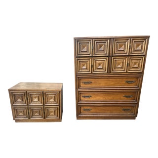 1960s Broyhill Premier Mid Century Spanish Style Coffered Oak Dresser and Nightstand For Sale