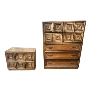 1960s Broyhill Premier Mid Century Spanish Style Coffered Oak Dresser and Nightstand
