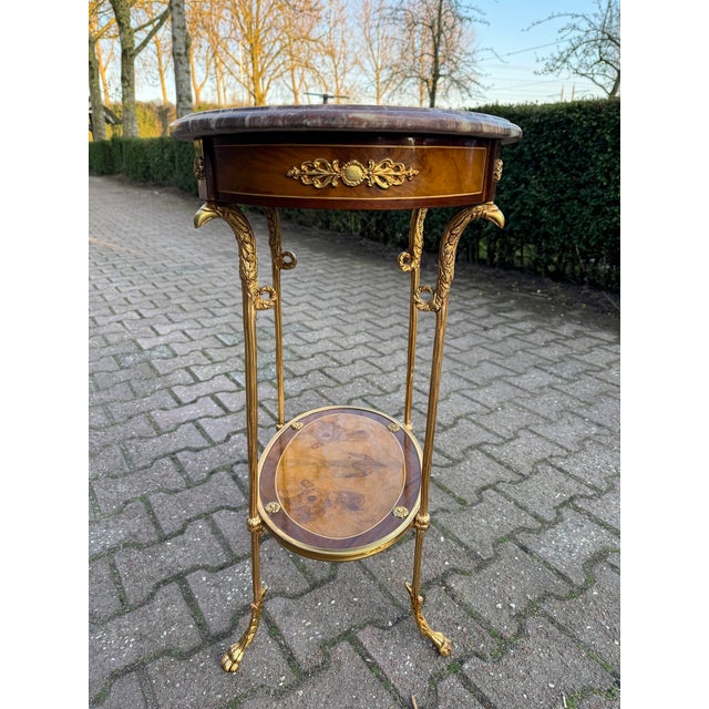 Wood 1980 French Louis XVI Gold Mahogany Marble Side Tables 2pc For Sale - Image 7 of 17