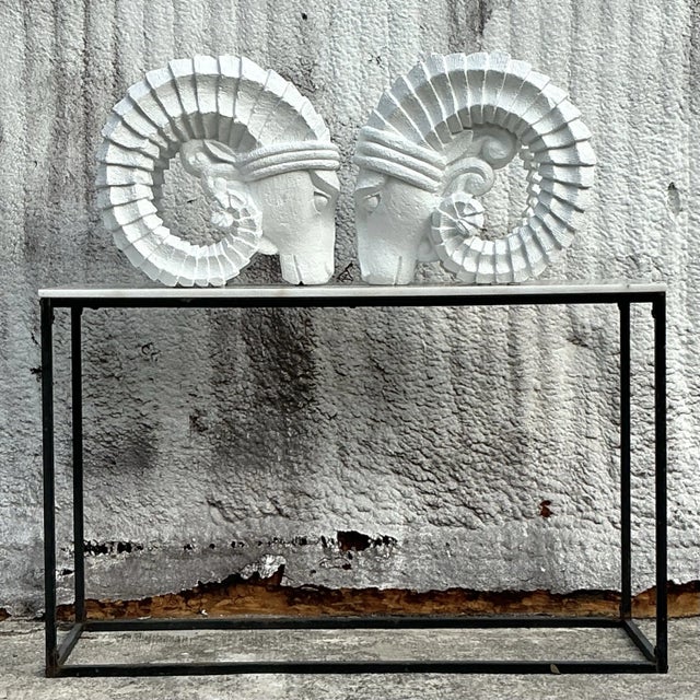 Sculpture Materials Vintage Boho Plaster Rams Heads - Set of 2 For Sale - Image 7 of 7