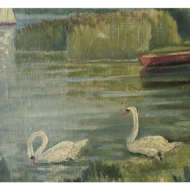 Jules Gaillepand, La baigneuse aux cygnes, Pointe à la Bise Genève, Oil on Canvas For Sale - Image 4 of 9