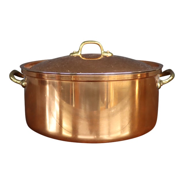 Copper Stock Pot With Lid and Brass Handles For Sale