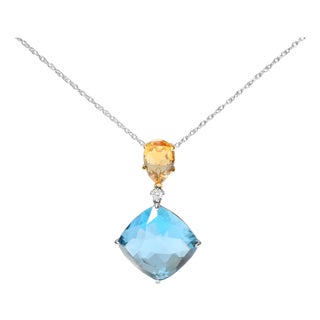 18K White and Yellow Gold Diamond Accent and Yellow Citrine and Sky Blue Topaz Gemstone Dangle Drop 18" Pendant Necklace (G-H Color, SI1-SI2 Clarity) For Sale