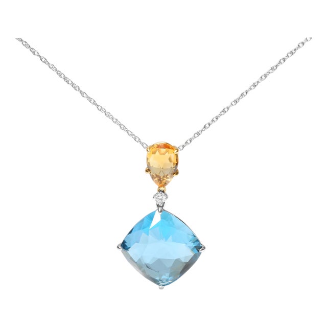 18K White and Yellow Gold Diamond Accent and Yellow Citrine and Sky Blue Topaz Gemstone Dangle Drop 18" Pendant Necklace (G-H Color, SI1-SI2 Clarity) For Sale