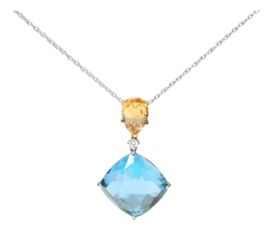18K White and Yellow Gold Diamond Accent and Yellow Citrine and Sky Blue Topaz Gemstone Dangle Drop 18" Pendant Necklace (G-H Color, SI1-SI2 Clarity)