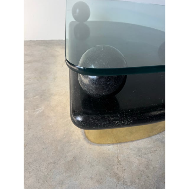 1980’s Postmodern Tessellated Stone and Brass Half-Moon Coffee Table With Glass Top/ Sold For Sale - Image 12 of 12