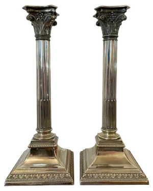 Antique Silver Plated Corinthian Candlesticks, Set of 2