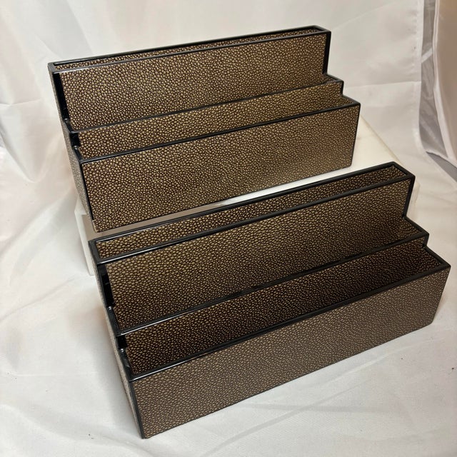 Vintage Dransfield & Ross Mid-Century Modern Faux Shagreen Leather Letter Holder Set in Brown circa 2000’s Set of 2 Faux...