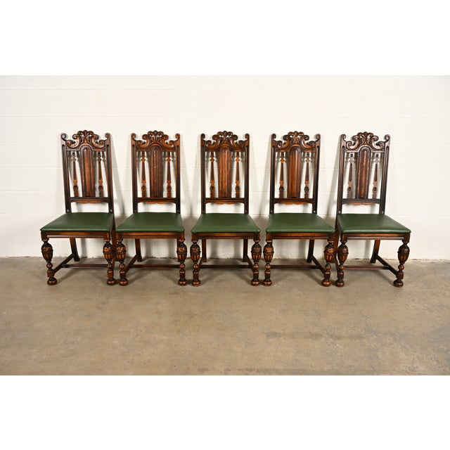 English Berkey & Gay Antique English Jacobean Carved Walnut Dining Chairs, Set of Five For Sale - Image 3 of 14