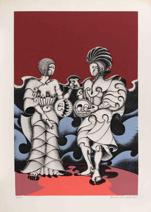 Francesco Paolo Delle Noci, Surreal Encounter with Masked Figures, Lithograph, 1980s