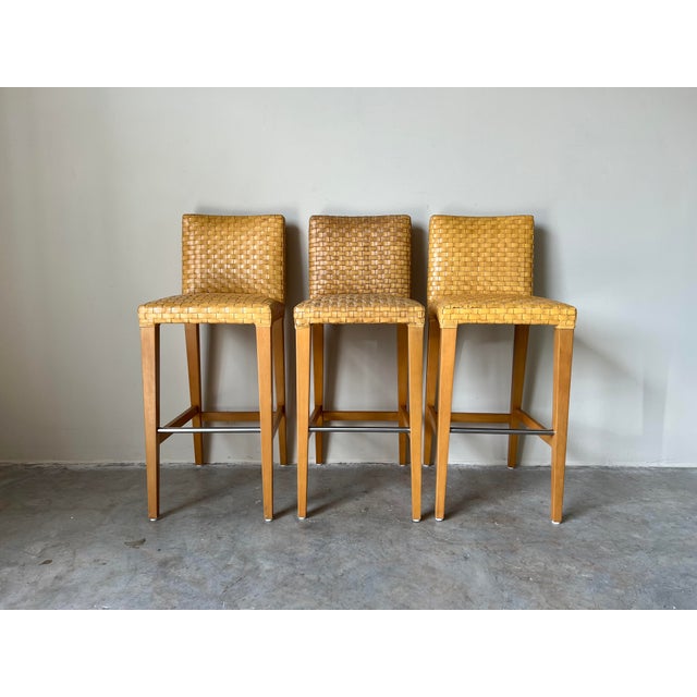 Vintage Organic Modern Wood & Woven Leather Bar Stools Set of 3