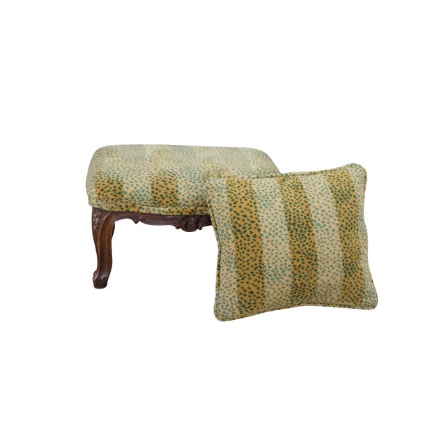 French Provincial Antique Louis XV French Provincial Walnut Foot Stool Ottoman & Pillow Leopard For Sale - Image 3 of 17