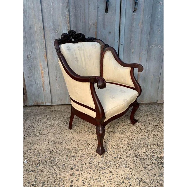 Early 20th Century Antique Victorian Style Carved Walnut Parlor Set, Loveseat and Lounge Chair For Sale - Image 9 of 13