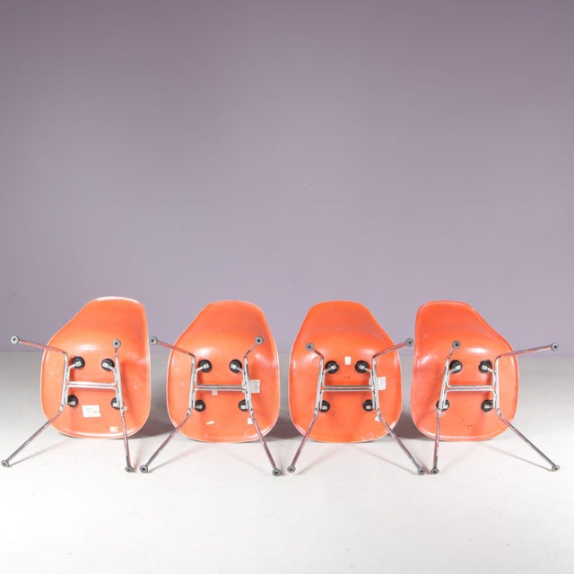 Dining Chairs in Orange Fiberglass on Chrome Metal H-Bases by Charles & Ray Eames for Herman Miller, USA, 1960s, Set of 4 For Sale - Image 4 of 8