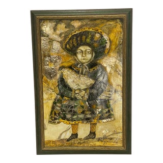 Signed Contemporary Folk Art Mixed-Media Portrait of Woman With Bird For Sale