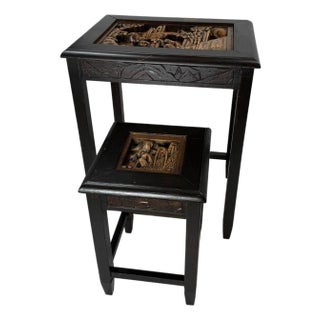 Vintage Hand Carved Wood Nesting Tables Asian Relief Accent Side Tables For Sale
