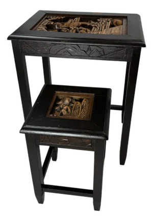 Vintage Hand Carved Wood Nesting Tables Asian Relief Accent Side Tables