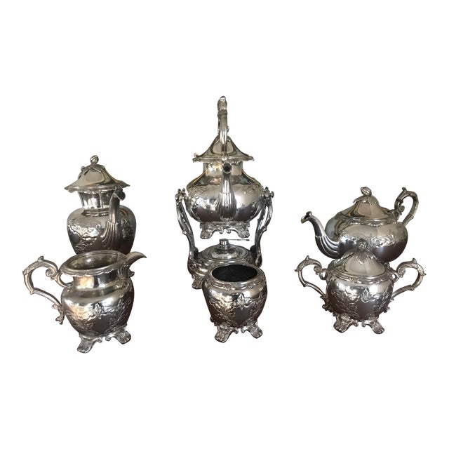 Vintage Hand-Chafed Maker's Marked Silver Plate Coffee and Tea Service - 8 Piece Set For Sale