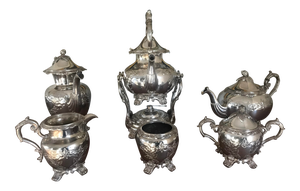 Vintage Hand-Chafed Maker's Marked Silver Plate Coffee and Tea Service - 8 Piece Set