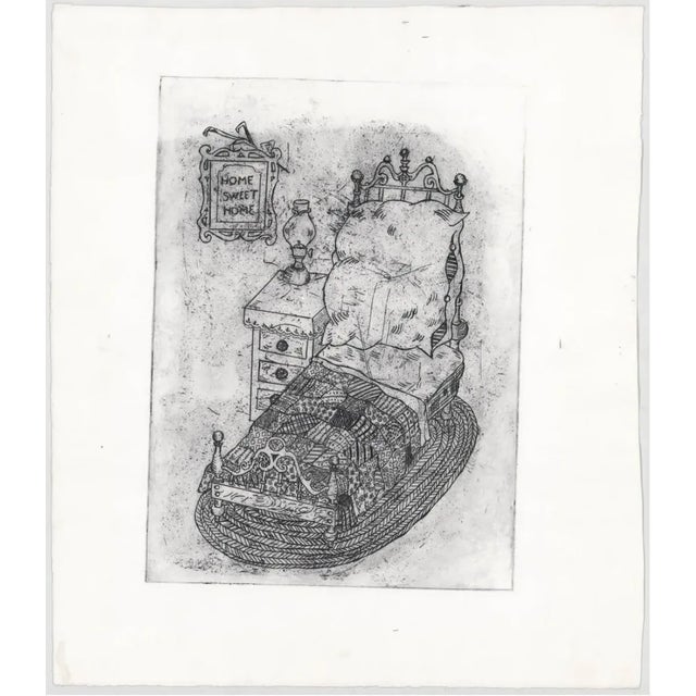 Unsigned etching of a bedroom with a quilt on the brass bed, oil lamp and home sweet home sign.