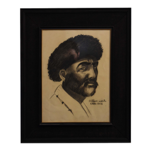 1960s Portrait in Astrakhan Hat Charcole Painting by Ghulam Sedik, Framed