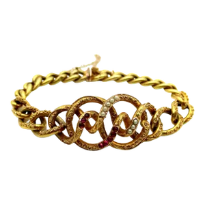 14K Gold Etruscan Revival Lover’s Knot Bracelet with Garnets and Pearls