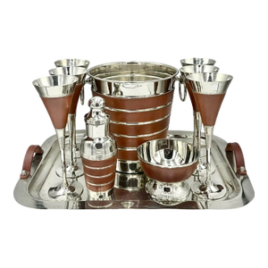 Vintage Brown Leather & Stainless Steel Ice Bucket, Glasses, Shaker & Bowl Set- 10 Pieces